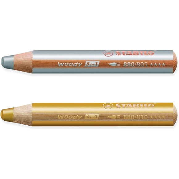 Crayon Multi-Talents - STABILO Woody 3-en-1 - Lot de 2 Crayons - Or et Argent