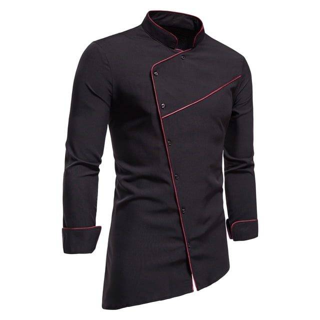 Men's Retro Mid-length Stand-up Collar Color Block Long-sleeved Shirt - Polyester, Breathable & Casual