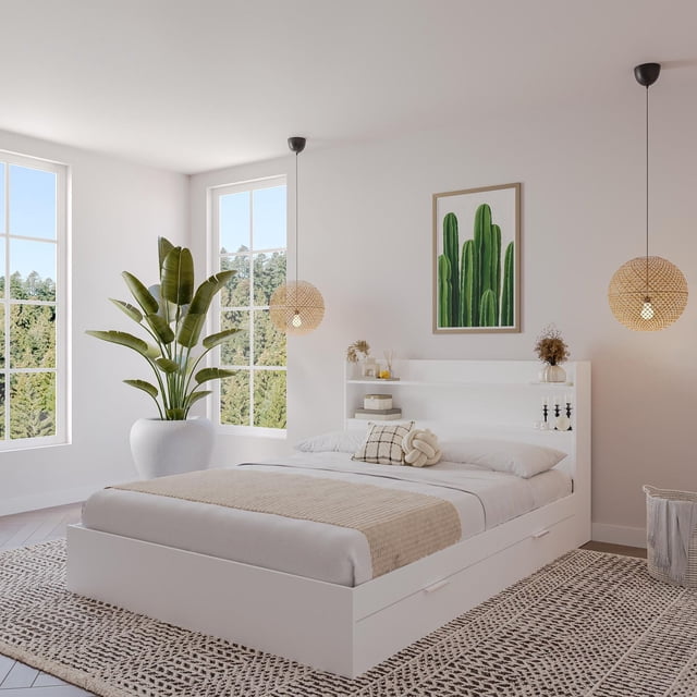 Nexera Lit Plateforme Hunter avec Tête de Lit Présentant un Cadre Plateforme Blanc avec Tiroirs de Rangement Intégrés avec Poignées en Aluminium Brossé, une Tête de Lit Bibliothèque avec Étagères pour Déco et Bougies, et une Couverture Jetée beige. la Chambre Lumineuse Comprend de Grandes Fenêtres avec Vues sur la Forêt, une Grande Plante en Pot, des Suspensions Tressées et un Imprimé cactus Encadré, Mettant en Valeur une solution Pratique de Rangement de Meubles de Chambre.