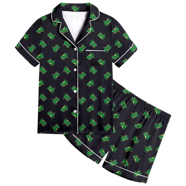 Baby Pajamas Cute Dinosaur Pattern Printed Short Sleeve Button Down Shorts Set Teen Girl Clothes Black 2-3 Years