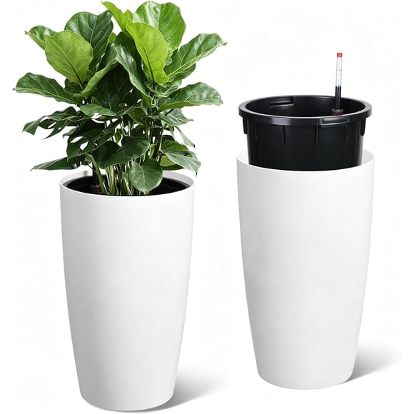 YUSAZENS Jardinières Rondes Autonettoyantes Droites Blanches de 21,7 Pouces en PP avec Poignées Intégrées et Indicateur de Niveau d'Eau pour Balcon, Patio, Jardin - 1 Paire