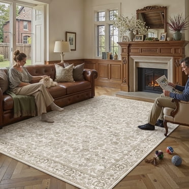 BERTHMEER Tapis Marron Vintage Grand Format 2,44 m X 3,05 m (8 Pi X 10 Pi) en Liquidation pour Salon, Chambre, Bureau, Salle à Manger, Style Campagnard, Antidérapant, Lavable, Motif Floral Oriental Traditionnel, Aspect Vieilli.