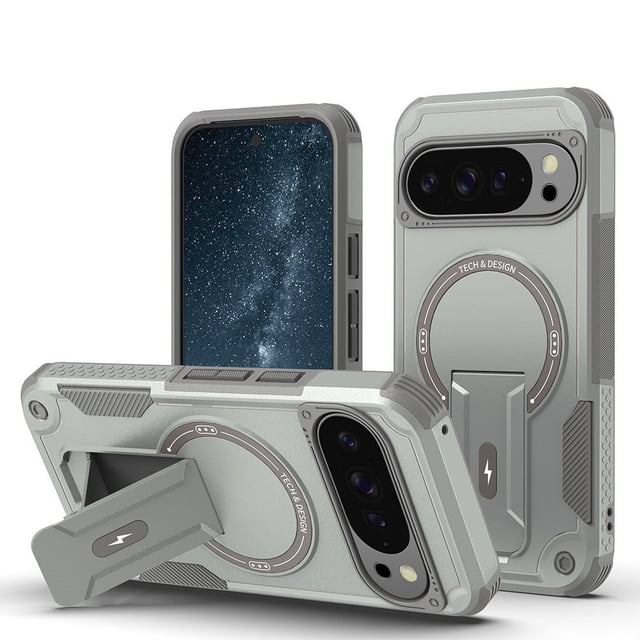 TYJKeJi Case with Kickstand Drop Resistant Shockproof Case for Google Pixel 10 Pro (6.3inch) and Google Pixel 10 (6.3inch) in grey. Designed with dual-layer TPU and PC materials for enhanced durability, reinforced corners for impact absorption, and a matte anti-fingerprint finish. Features a built-in kickstand for hands-free use and upgraded camera lens protection.