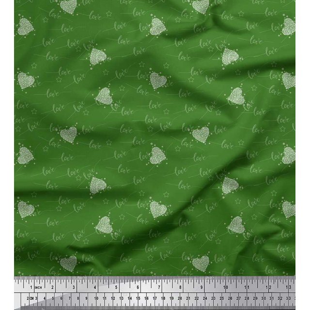 Soimoi Green Rayon Fabric Heart & Love Text Decor Fabric Printed Yard 56 Inch Wide