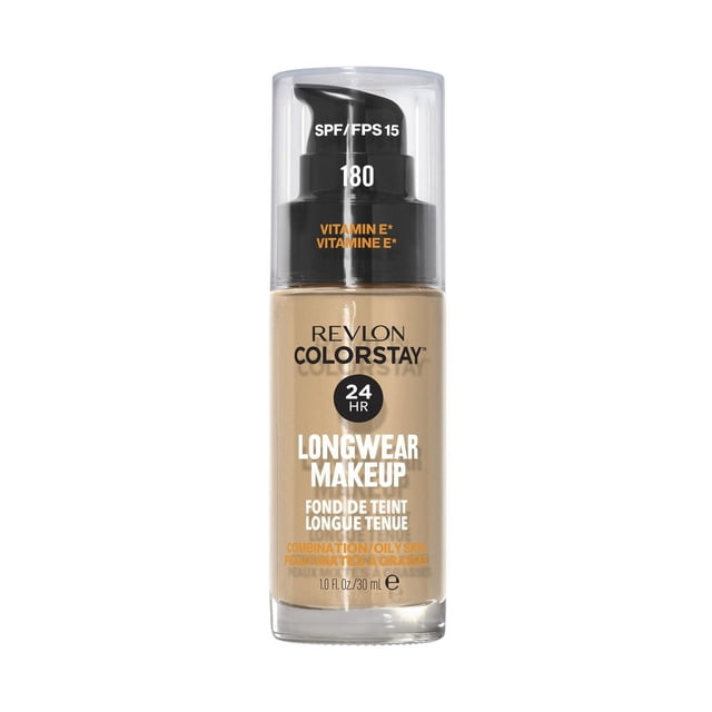 Revlon Colorstay™ Longwear Makeup Combo/Oily, 30mL liquid foundation in a clear pump bottle, formulated for combination to oily skin with SPF 15 and antioxidant Vitamin E, offering 24-hour oil control and a poreless matte finish, suitable for humid Canadian climates.