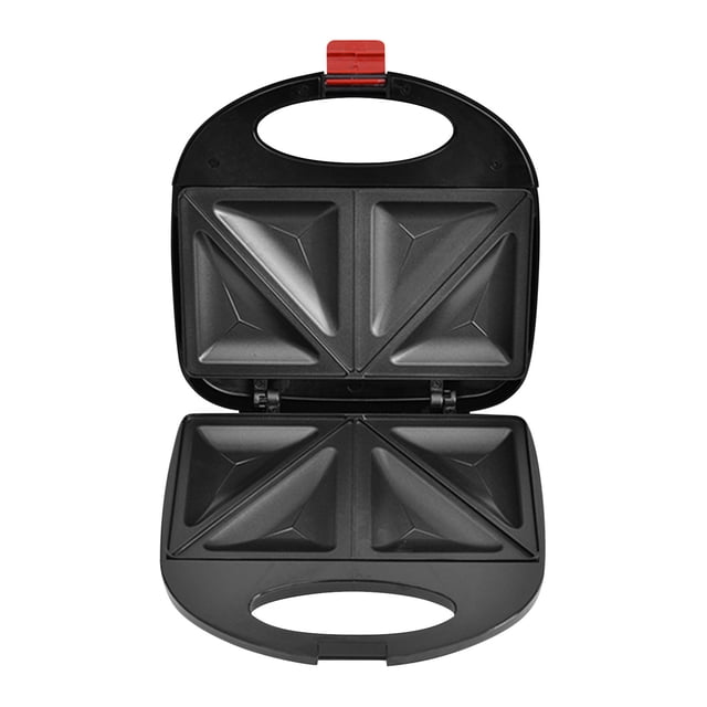 karymi Machine à Pain Machine à Sandwich Machine à Déjeuner Machine à Barbecue Machine de Cuisson, un Presse-Sandwich Électrique avec un design compact Noir et un Loquet Rouge. la Vue Ouverte Révèle Quatre Plaques de Cuisson Triangulaires Antiadhésives pour un Chauffage Uniforme. Caractéristiques Incluant un Chauffage Double Face, un Contrôle Automatique de la Température et une Préparation du Déjeuner Rapide en Quelques minutes.