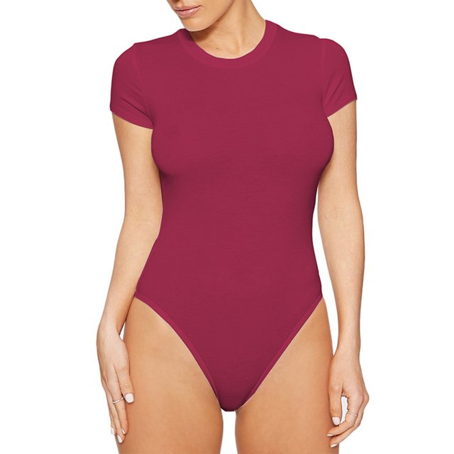 LUXUR Combinaison Femme Manches Courtes T-Shirt Body Col Rond Hauts Justaucorps Décontractés Couleur Unie Rouge Vin 2TG