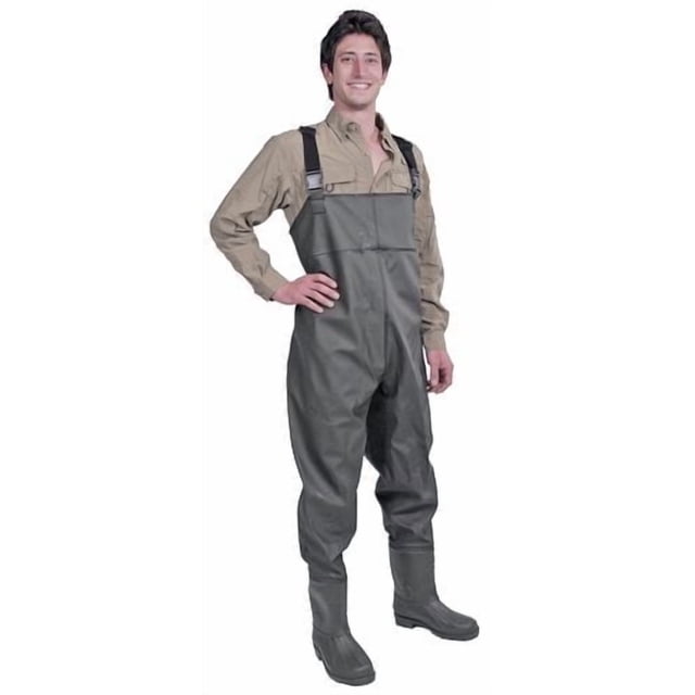 Bushline Nylon/PVC Chest Wader worn by a person in a front-facing view, featuring grey extra thick PVC coated uppers with integrated lug sole boots, black web suspenders with quick release buckles, heavy duty welding, and an inside pocket, suitable for fishing and water activities.