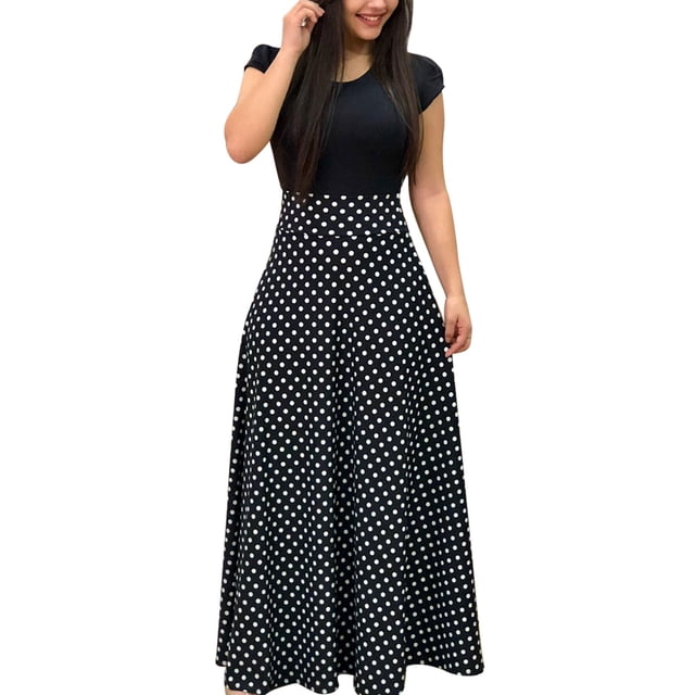 Robe de Plage à Manches Longues à Col Rond à Imprimé Floral pour Femme, Robe Longue Maxi de Soirée pour Dame. la Robe Présente un Haut Noir à Manches Courtes avec une Encolure Ronde et une Jupe Noire Fluide Ornée de Pois Blancs. Fabriquée en polyester, Elle Convient aux occasions Décontractées, de Vacances Ou de Fête en Toutes Saisons.