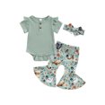 thumbnail image 1 of EYIIYE Toddler Baby Girl 3Pcs Summer Outfits 0 3M 6M 12M 18M Infant Short Sleeve Jumpsuits Ribbed Ruffled Rompers with FloralChick Flare Pants Headbals Fashion Cute Casual Clothes for Daily, 1 of 8