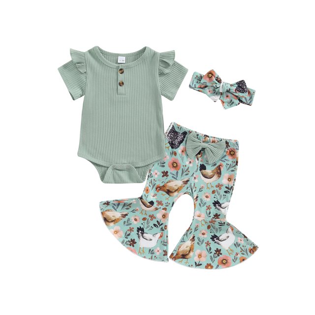 EYIIYE Toddler Baby Girl 3Pcs Summer Outfits 0 3M 6M 12M 18M Infant Short Sleeve Jumpsuits Ribbed Ruffled Rompers with FloralChick Flare Pants Headbals Fashion Cute Casual Clothes for Daily