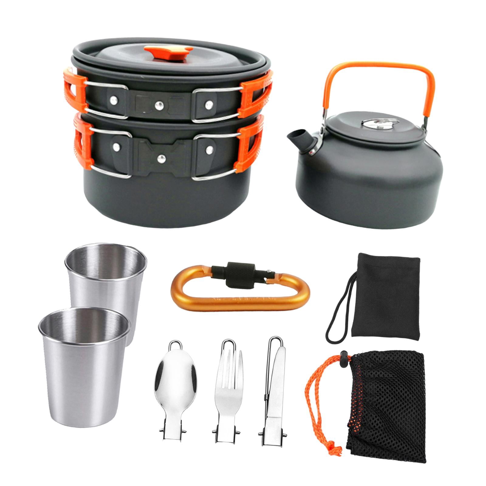 Quzzie 9 Pieces Camping Pot Camping Cookware Set Containing Pan Kettle Foldable Utensils Stainless Steel Aluminum Alloy Cups Portable Cooker Suitable for Outdoor Cooking Backpacking Orange