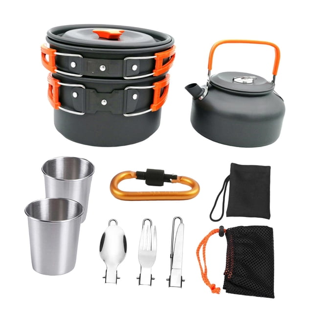 Quzzie 9 Pieces Camping Pot Camping Cookware Set Containing Pan Kettle Foldable Utensils Stainless Steel Aluminum Alloy Cups Portable Cooker Suitable for Outdoor Cooking Backpacking Orange