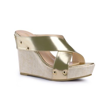 BLISSFUL STEP Chaussures pour Femmes à Plateforme Compensée à Brides Croisées Clous Tige en Tissu Sandales à Talons à Bout Ouvert Or 6