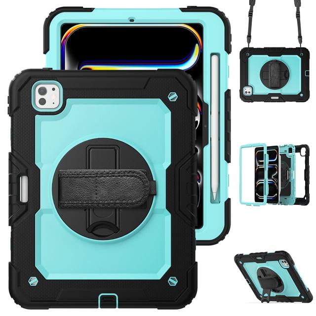 XYX For iPad Pro 11 inch Case 2024 (M4), 360 Rotating Shockproof Cover with Stand, Screen Protector, Shoulder Strap, Sky Blue PC