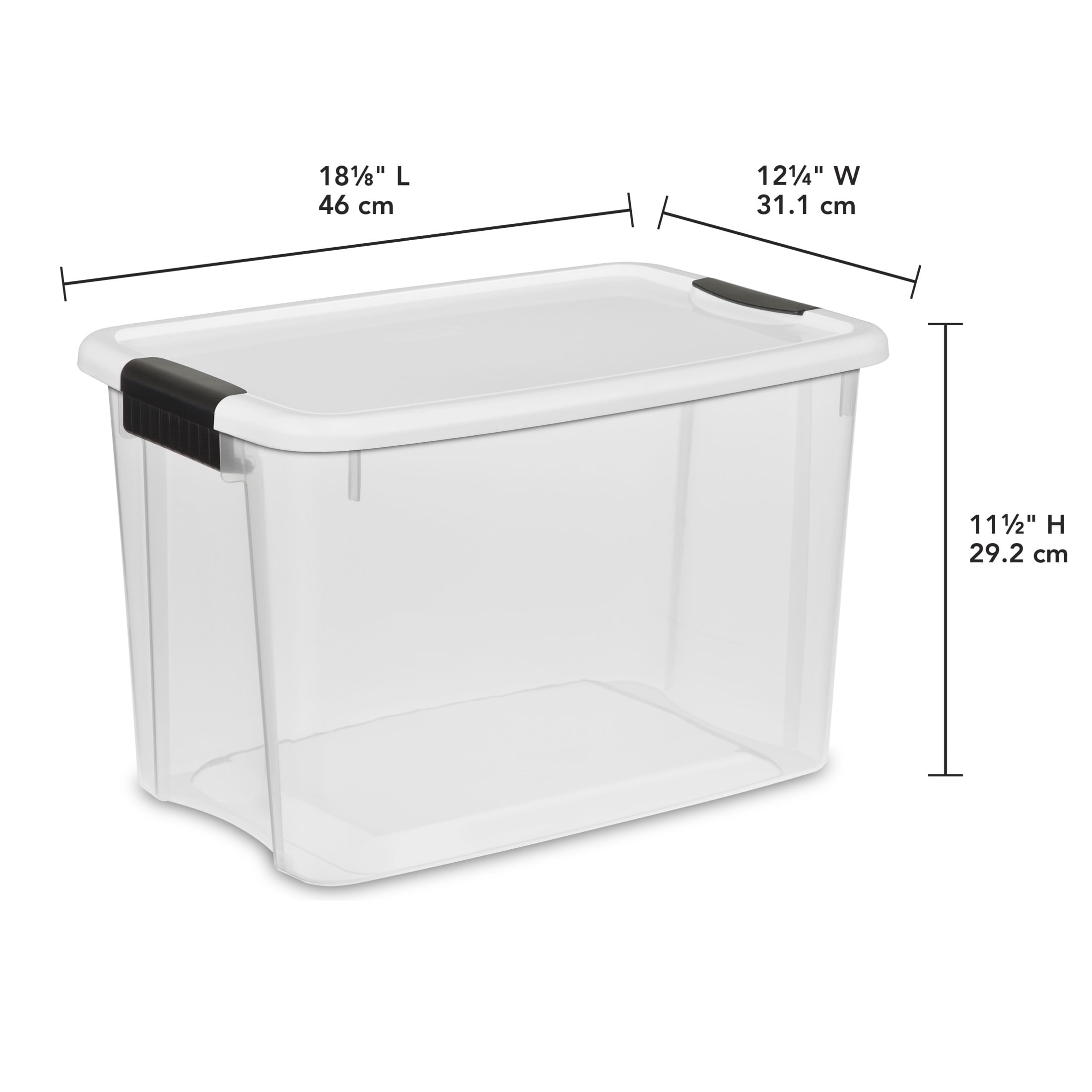Sterilite 28 L Bac à loquets, petit bac de rangement en plastique transparent durable avec couvercle et loquets noirs robustes, 4 Pk