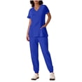 thumbnail image 1 of Yanlir Womens Button Down Solid Color Short Sleeve V Neck Blouse and Foot Binding Pants Set Fashion Two Piece Outfit(Blue,S), 1 of 6