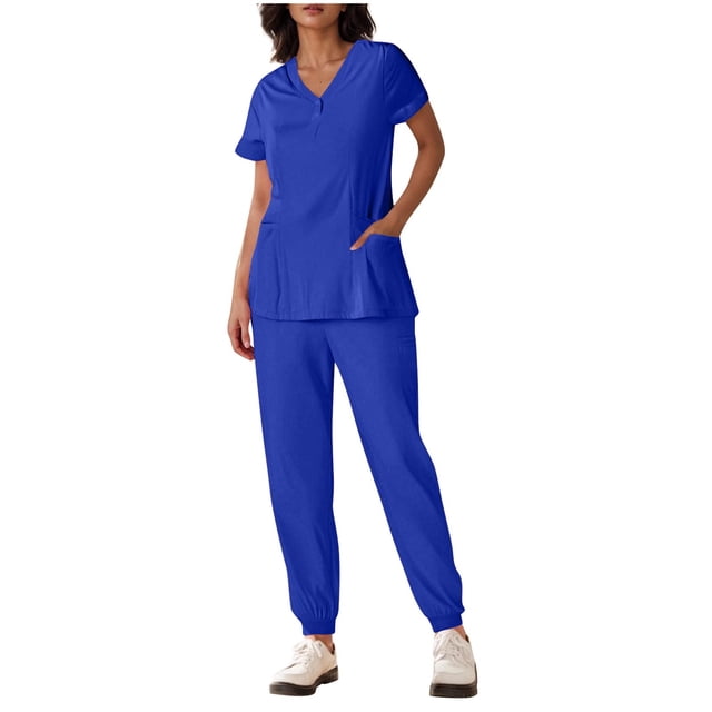 Yanlir Womens Button Down Solid Color Short Sleeve V Neck Blouse and Foot Binding Pants Set Fashion Two Piece Outfit(Blue,S)