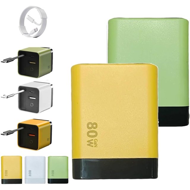 3 in 1 GaN Charger, Scalable 80w Max Fast Charger Module with Type C Cable and 2 USB Ports, Retractable Phone Chargers Wall Plug, Three Port Fastcharging, for Phone and Laptops (Yellow+Green)