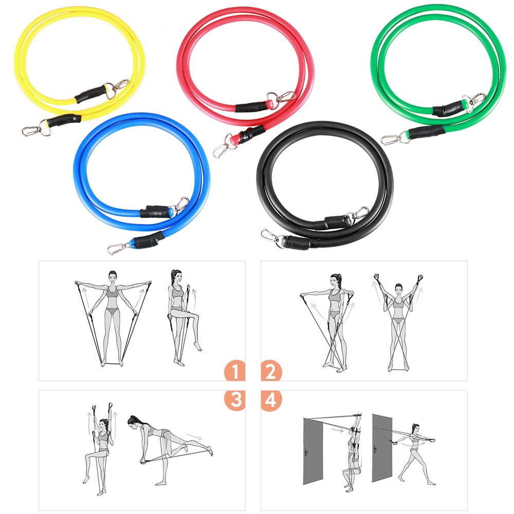 JUNWELL 11pcs Fitness Resistance Bands Set Workout Exercise Tube Bands with Door Anchor Ankle Straps Cushioned Handles Carry Bags