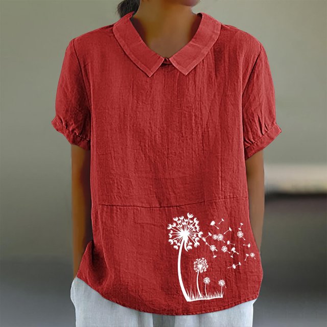 Jsaierl Chemises en Lin d'Été pour Femmes Imprimé Pissenlit Col à Revers Manches Courtes Blouses Simples Décontractées Polyvalentes