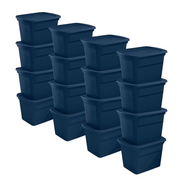 Sterilite Bac de Rangement Empilable avec Couvercle de 18 Gallons, Bleu, Lot de 16