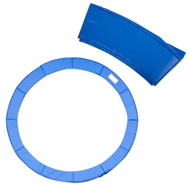 Soozier 14" trampoline pad Φ138" replacement in blue, shown flat and folded, made with UV resistant plastic top, heavy-duty PE bottom, and 1/2" thick EPE closed-cell foam for shock absorption and full frame coverage to protect users from springs and gaps.