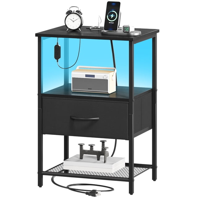 Eunos Table de Chevet avec Station de Recharge et DEL, Petite Commode Noire avec Tiroir et Tablettes de Rangement