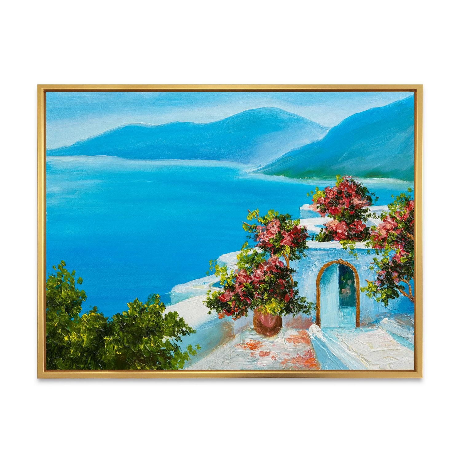 Designart Maison Près De La Mer Fleurs Colorées I ART MURAL À CADRE FLOTTÉ