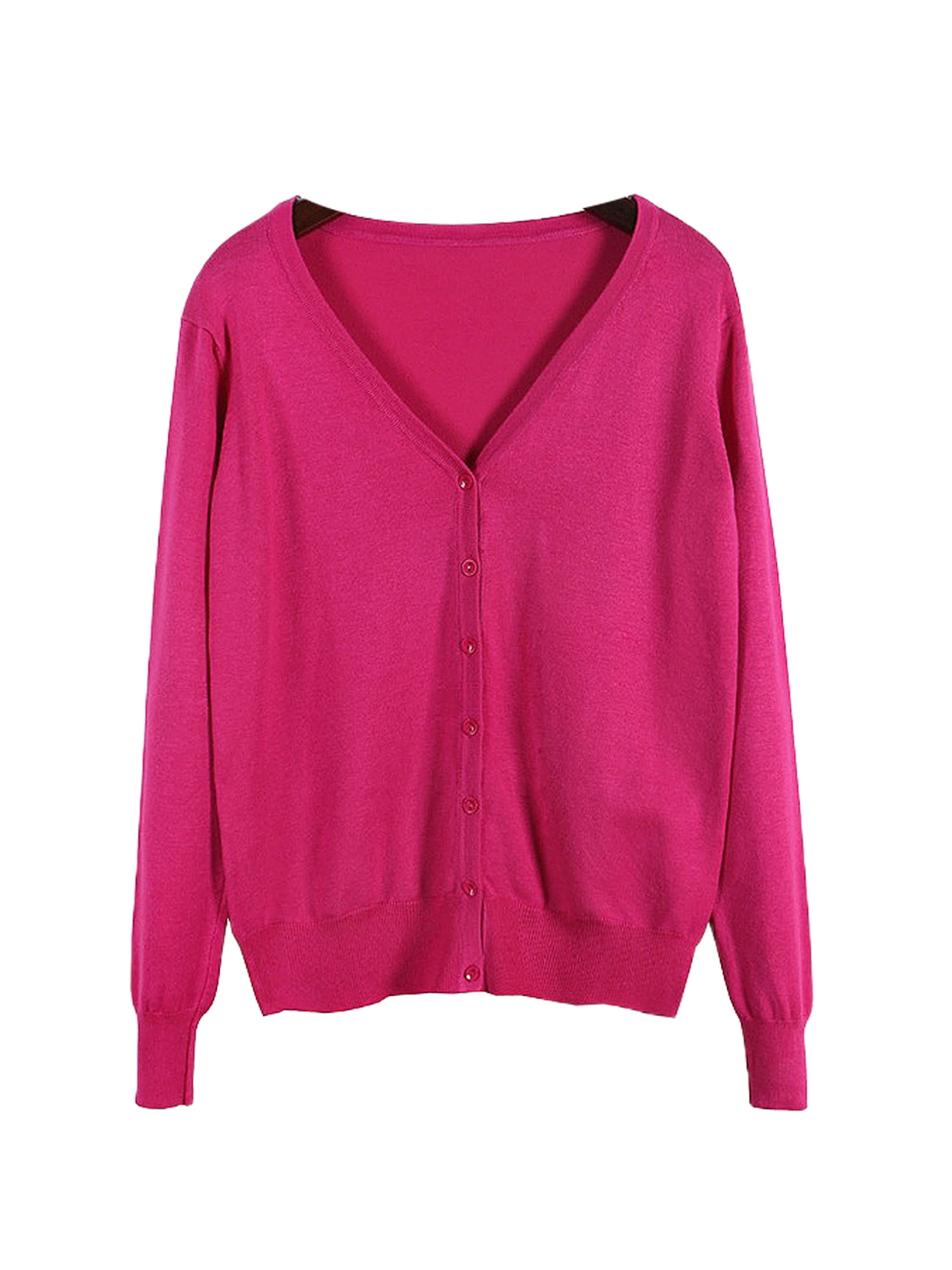 Innerwin Cardigan Sweater V Neck Ladies Coat Fall Solid Color Loose Outwear Rose Red L