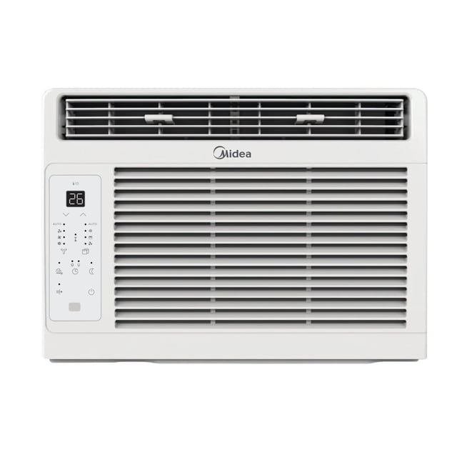Midea Climatiseur de Fenêtre 6 000 BTU 115 V Blanc avec Vue Orientée vers l'Avant Affichant des Évents Horizontaux et Panneau de Commande Numérique Affichant la Température 26 °C, avec Télécommande ComfortSense, mode Économiseur d'Énergie et installation Facile pour Petites Pièces jusqu'à 250 Pi2.