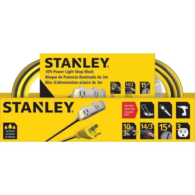 Stanley Shop Block 10 with a 10-foot (3m) yellow and black outdoor extension cord featuring a molded three-prong grounded plug and a translucent power block housing three grounded outlets. Rated 15A, 125VAC, 14/3 AWG cable, suitable for powering lawn mowers, string trimmers, and drills.