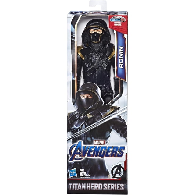 Ronin Marvel Avengers: Endgame Titan Hero Series Ronin 12-Inch action figure in original packaging. The figure features a detailed black and gold costume design inspired by the movie. Packaging includes Marvel branding and Titan Hero Series logo, suitable for ages 4 and up.