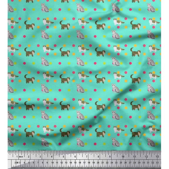Soimoi Poly Georgette Fabric Dot & Cat Animal Decor Fabric Printed Yard 52 Inch Wide
