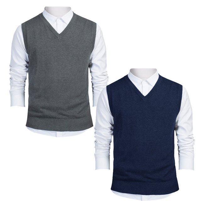 TOPTIE 2 Pack Window Clerk Sweater Vests For Men, Work Uniform Cotton V-Neck Sweater Vests-Charcoal Navy-M