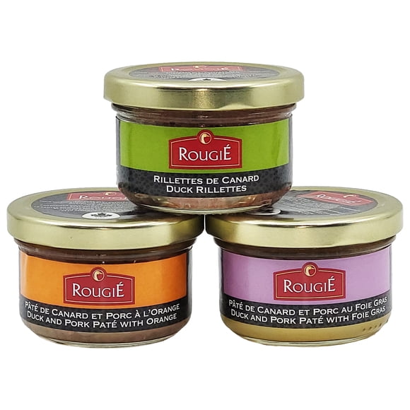 Rougie Duck & Pork Spreads 3-Pack - Pate with Foie Gras, Rillettes and Pâté with Orange; 3x 80g, Product of Canada