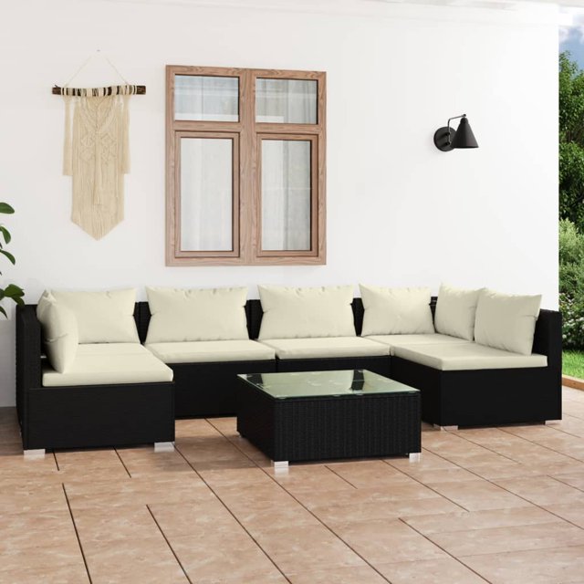 vidaXL 7 Piece Garden Lounge Set with Cushions Poly Rattan Black