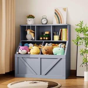Bibliothèque et rangement de jouets pour enfants, Organisateur de jouets, Organiseur de jouets avec armoire de rangement et plateau pour jouets, Étagère de livres pour enfants pour chambres, Salle de jeux, Chambre à coucher, Garderie, Garde d'enfants, Salon, Gris