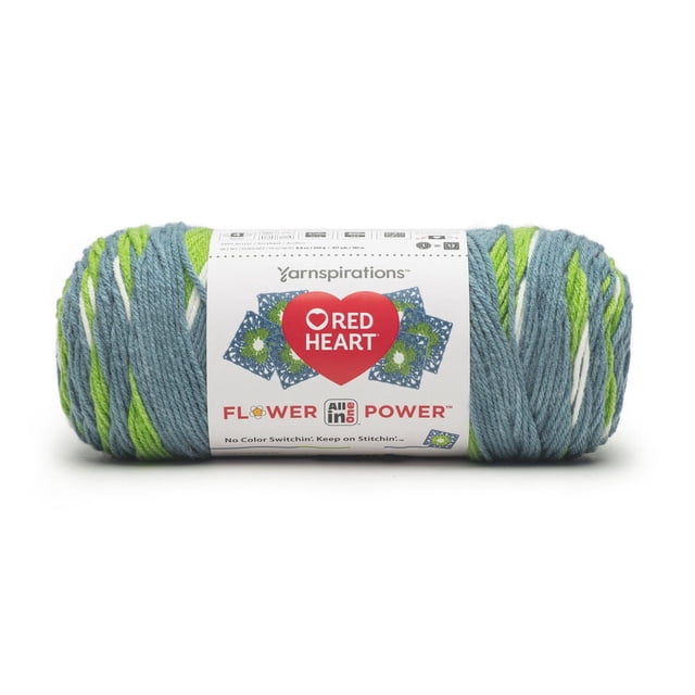 Red Heart® All In One Flower Power™ #4 Worsted (Medium) Acrylic Yarn skein with engineered 3-color stripes in blue, green, white, and teal, designed for seamless crocheting of up to 12 floral motifs from one skein, wrapped with a label featuring the Red Heart logo and flower motif graphics.