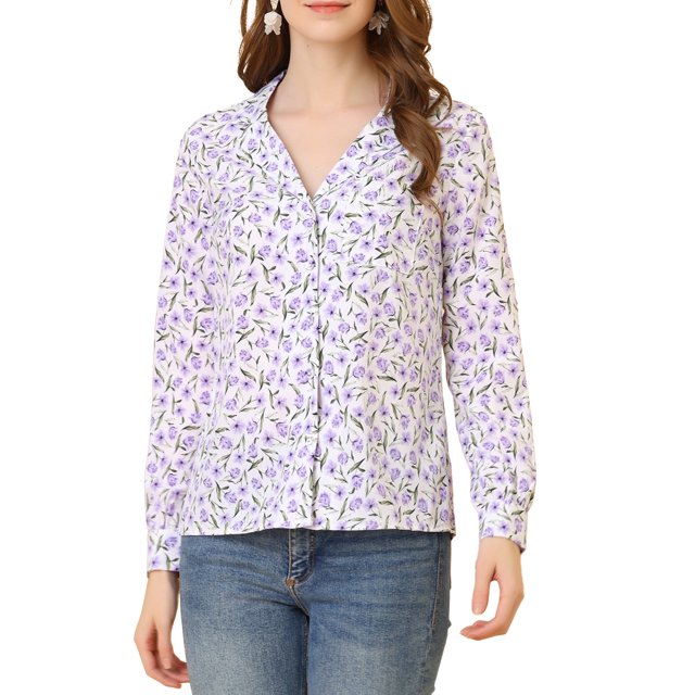INSPIRE CHIC Women's 1950s Vintage Long Sleeve Printed Button Down Tops L White