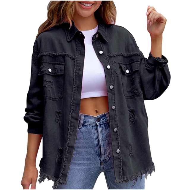 Birdeem Veste en Denim Décontractée pour Femmes à Manches Longues, Ample, à Boutons, avec Franges et Trous