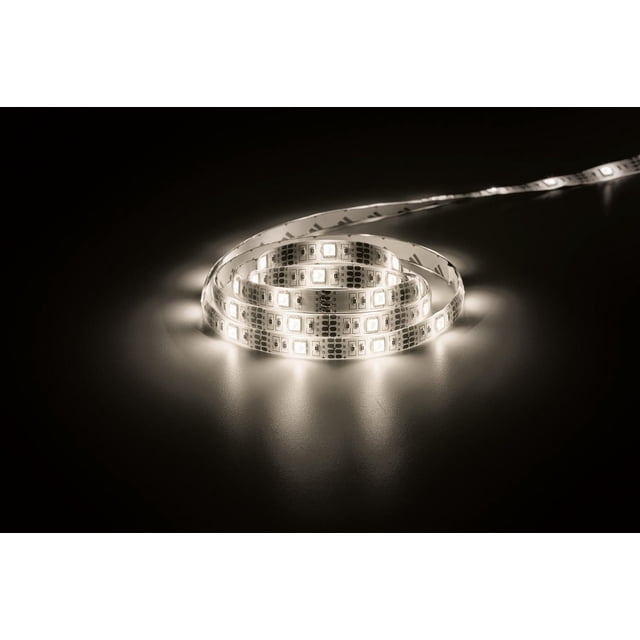 Merkury Motion Glo motion activated white LED strip light coiled on a dark surface, featuring bright white LEDs along a flexible strip for ambient lighting in bedrooms, kitchens, and staircases with automatic motion sensor activation and battery-powered for easy placement.