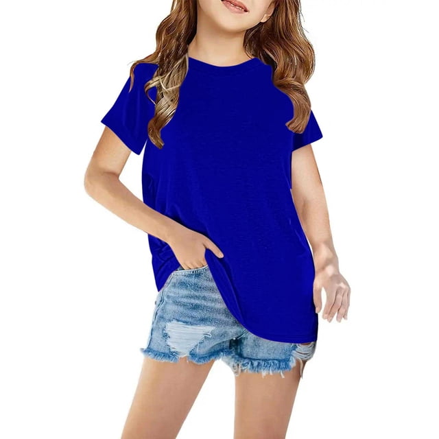T-Shirts for Girls Crew Neck Solid Short Sleeve Summer Tops Kids Basic Tees 3-14 Years