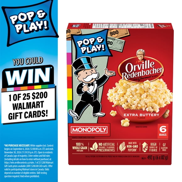 Orville Redenbacher Extra Buttery Microwave Popcorn, 100% Whole Grain Popcorn, Non‑GMO Popcorn, Gluten Free, High Source of Fibre, 492 g (6 bags x 82 g)