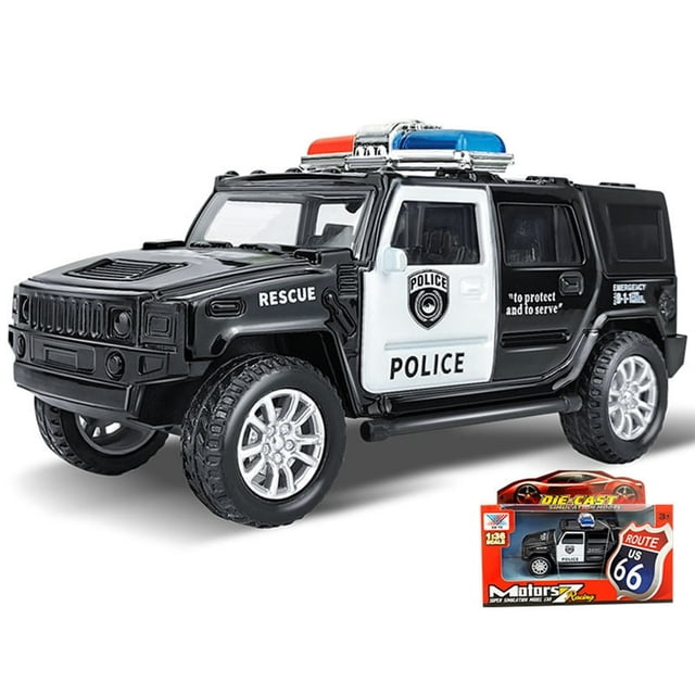 Car Toy 1/36 Simulation Police Car Vehicle Pull Back Truck Model Kids Toy Christmas Gift. A diecast police car model in black and white with 'Rescue' and 'Police' markings, featuring opening doors and a pull-back mechanism for forward motion. Made of durable metal and plastic with detailed craftsmanship. Packaged in a Route 66-themed box.