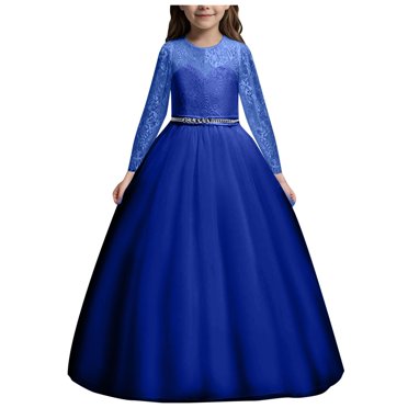 Zanarzt Kids Girl Long Sleeve Casual Girls 3/4 Sleeves Floor Length Tulle Vintage Lace Bridesmaid Wedding Dress Birthday Pageant Party Evening Gown Blue,10-12 Years
