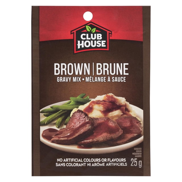 Club House Brown Gravy Mix 25g dry sauce mix packet with red and brown packaging, featuring a plate of sliced roast beef, mashed potatoes with brown gravy, and green beans, labeled no artificial colours or flavours, suitable for enhancing homemade meals.