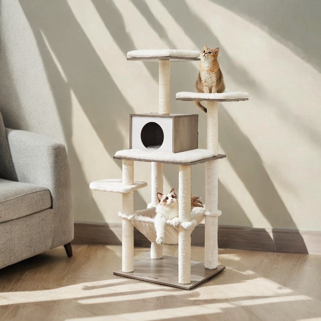 LEDREM 54.3" Modern Cat Tree - Multi-Level Condo with Ultra-Soft Plush, Scratching Posts & Washable Cushions, Heather Greige