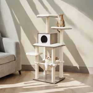 LEDREM 54.3" Arbre de chat moderne - Condo multi-niveaux avec peluche ultra-soft, postes de scratching & Coussins lavables, Heather Greige