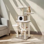 LEDREM 54.3" Modern Cat Tree - Multi-Level Condo with Ultra-Soft Plush, Scratching Posts & Washable Cushions, Heather Greige